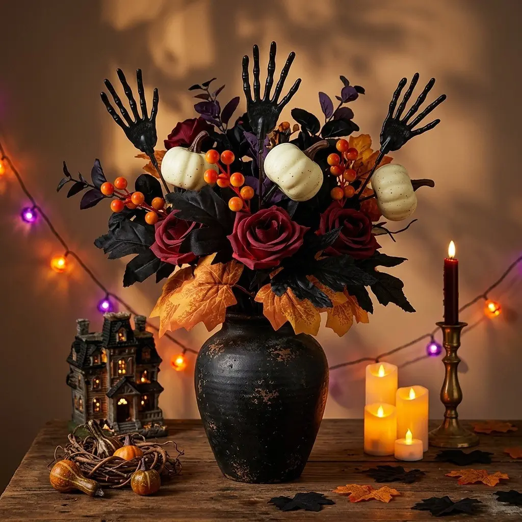 Large Halloween Pumpkin Skull Hand Bouquet, Autumn Maple Leaf Decorative Artificial Flowers, Festive Holiday Decoration Set