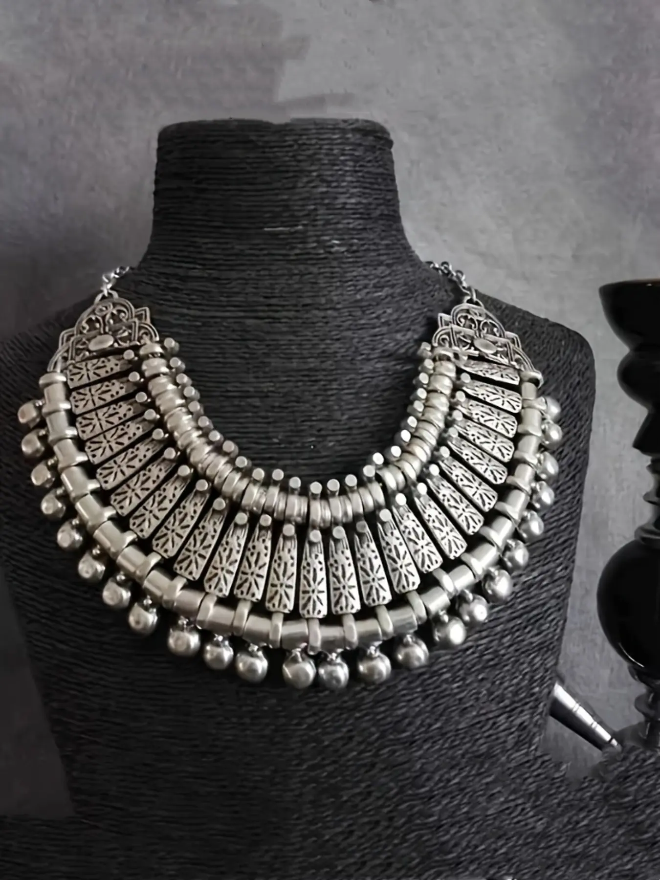 Antique Silvery Plated Tribal Bib Choker Necklace Hand Carved Geometric Panels Dangle Bell Beads Bohemian Ethnic Statement Women Accessory Boho Style Necklace