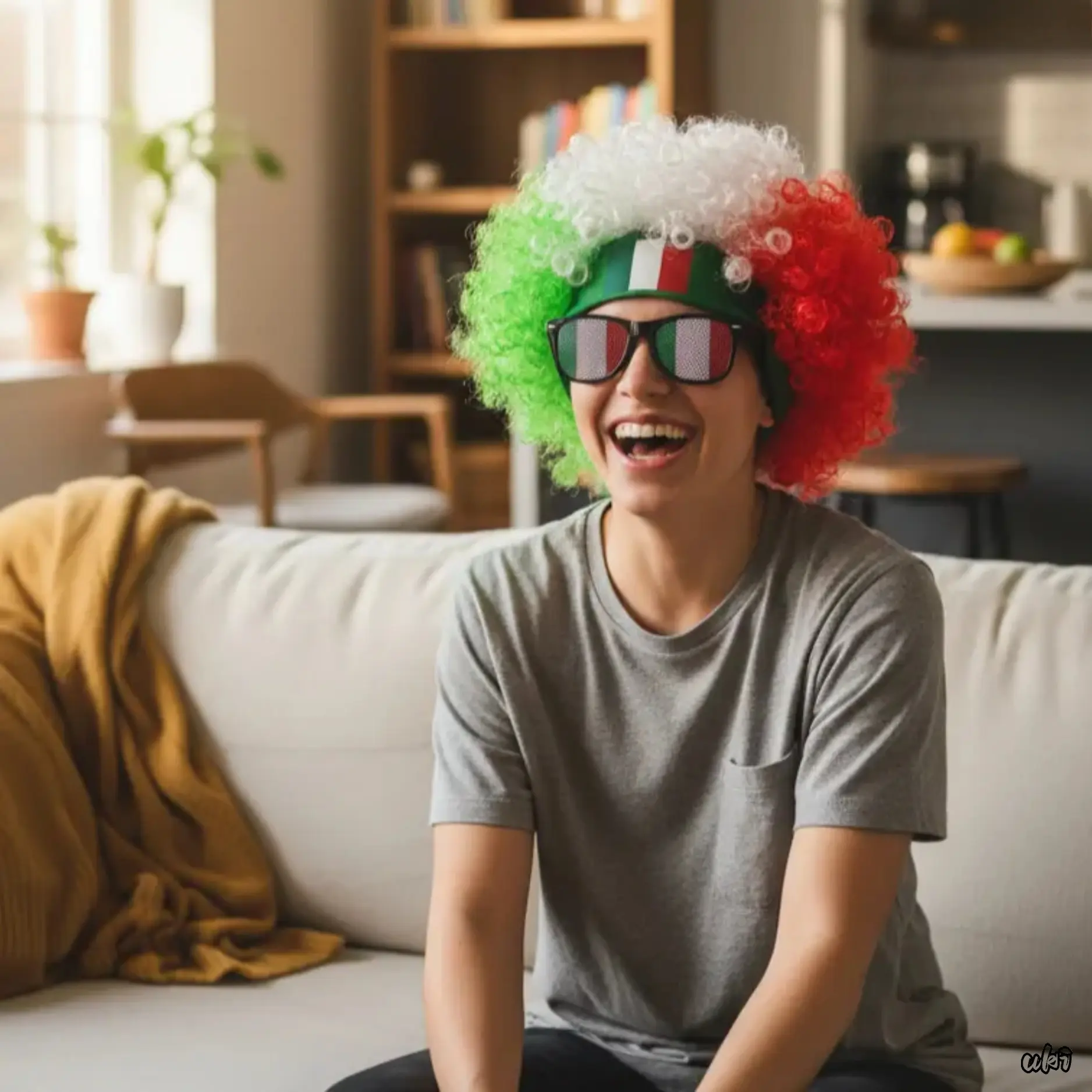 2-Piece Italy National Flag Fan Costume Accessory Set, Green White Red Fluffy Afro Curly Wig With Italian Flag Headband & Tricolor Flag Pattern Sunglasses, Adult Cheer Kit For Italy Victory Celebrations & Summer Wins