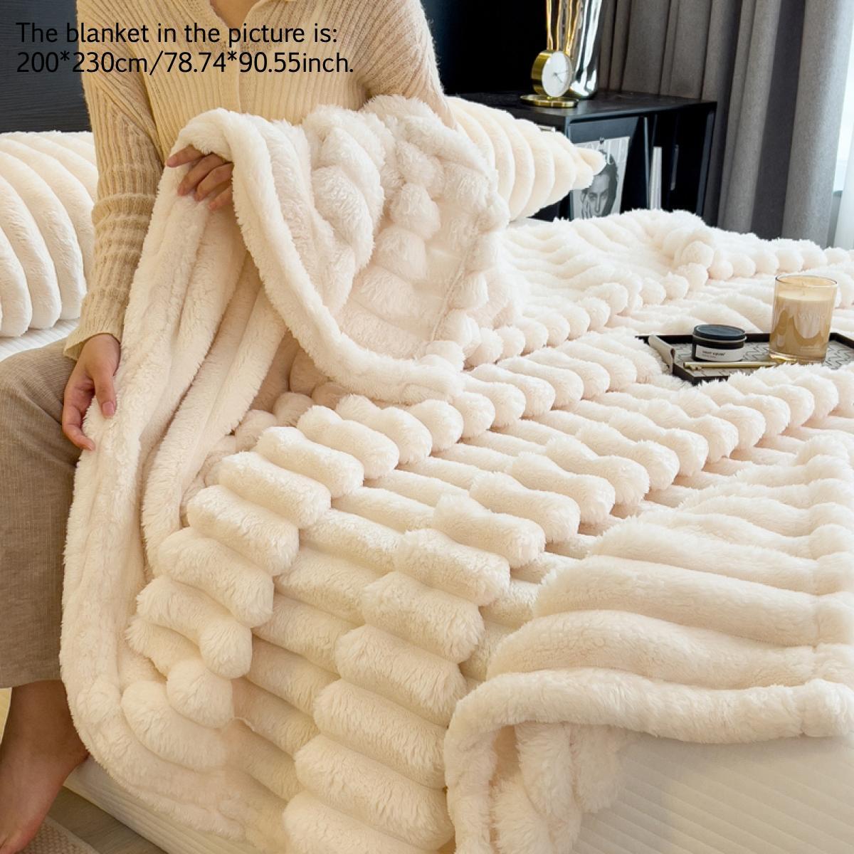 Solid Color Stripe Design Plush Blanket, Soft Fluffy Blanket, 1/2 Counts Soft Comfortable Throw, Warm Napping Blanket for Home Office Travel Bedroom