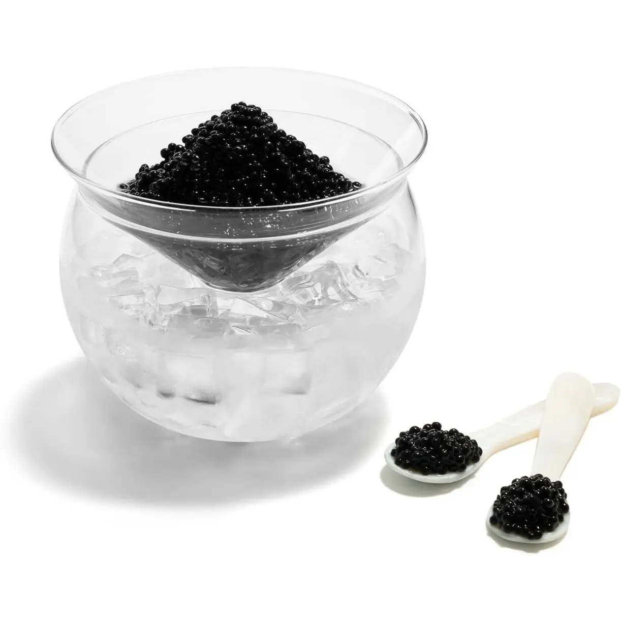 Caviar Serving Set, Mother of Pearl Spoon Set with Glass Chiller Bowl, 4-Piece Pearl Spoons Serveware, Caviar Serving Dish for Seafood & Ice Cream