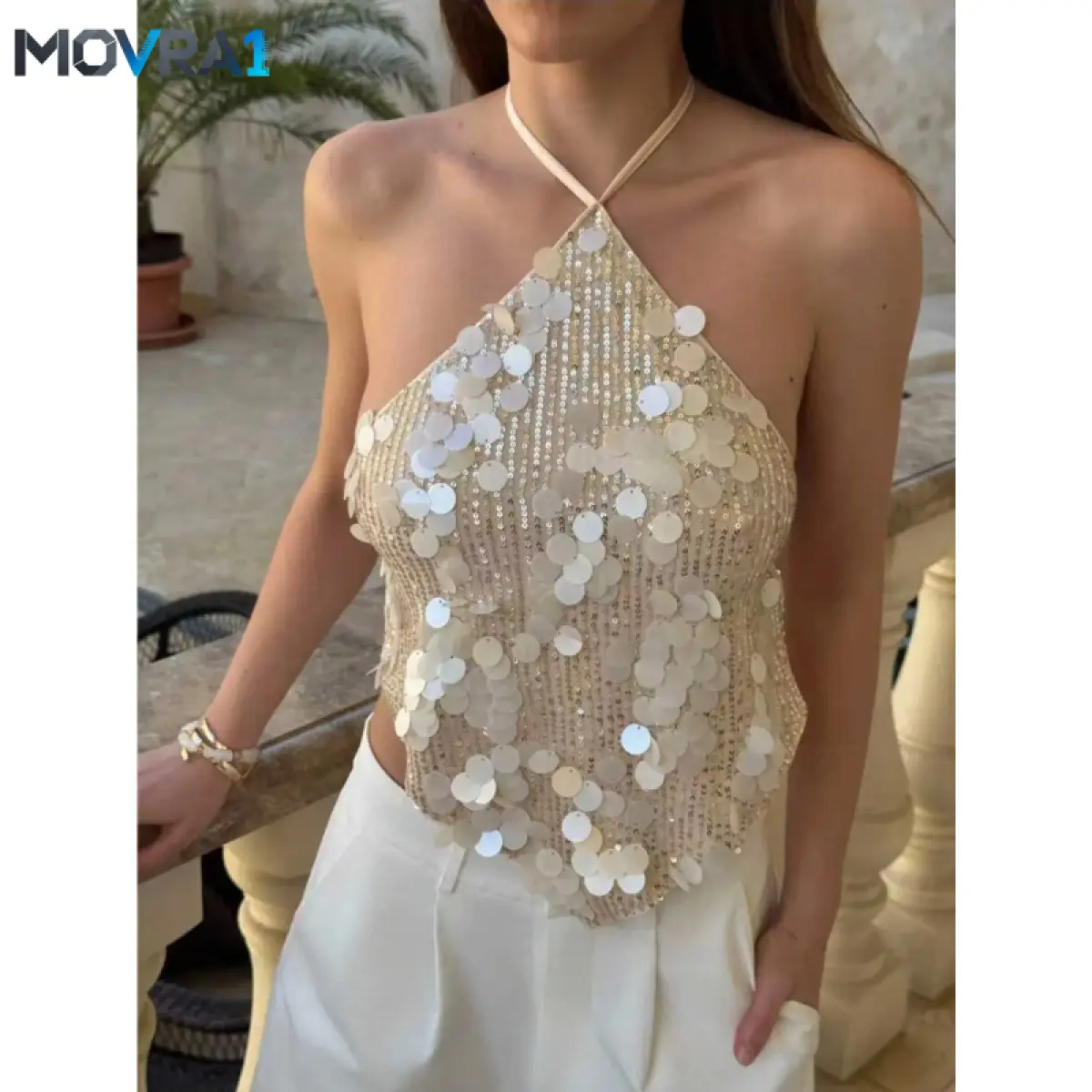 MOVRA1 Women's Fashionable Chic Backless Halter Slim Fit Top with Sequins, Ideal Beach Vacation, Evening and Party Wear, Trendy Fashion, Womenswear