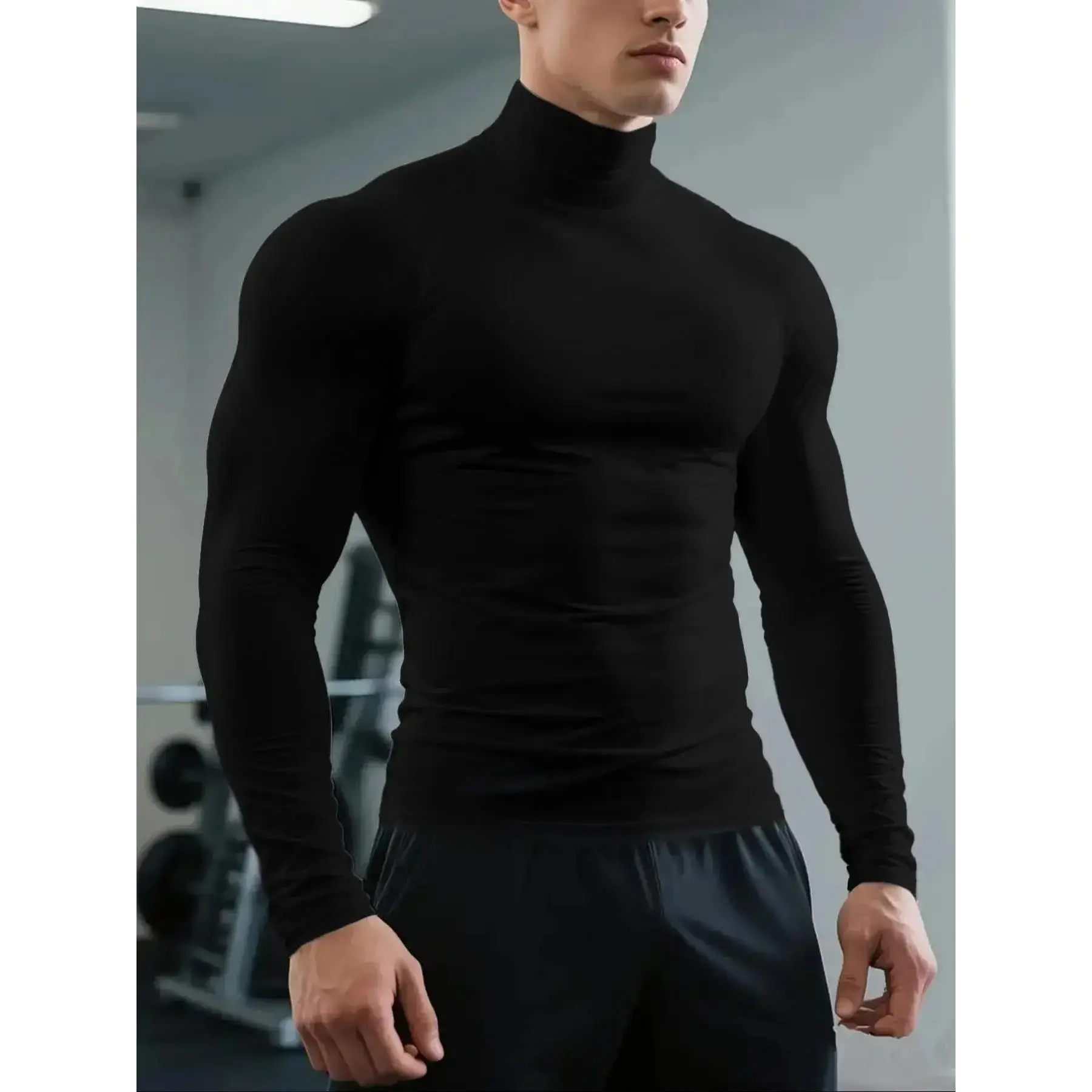 Men's Slim Fit Turtleneck Long Sleeve Gym T-Shirt, Athletic Gym Shirts, Workout Top, Solid Color Sportswear, Quick-Dry Breathable Compression Fabric, Ideal for Gym Sessions, Weightlifting, Fitness Workout Shirt