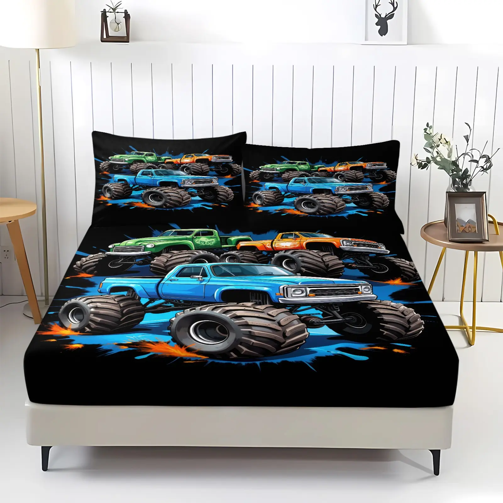 Cool Monster Truck Fitted Sheet Set,  Cartoon Off‑Road Truck Pattern Print, Exciting Vehicle Home Decoration For Boys Kids Bedroom Dorm Apartment, Bedding Set, Bed Sheets Set,1 Fitted Sheet & 2 Pillowcase, No Filling