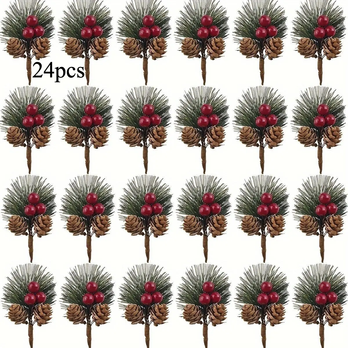24pcs Artificial Pine Branches with Berries and Plastic Cones, American Style Decorative Pine Needles, Perfect for Holiday Decorations