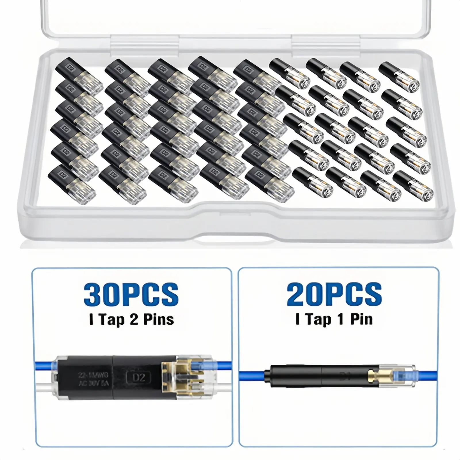 Quick Splice Wire Connector Kit with 30PCS D1/20PCS D2 Terminals, Durable & Reliable for LED Strips & Automotive