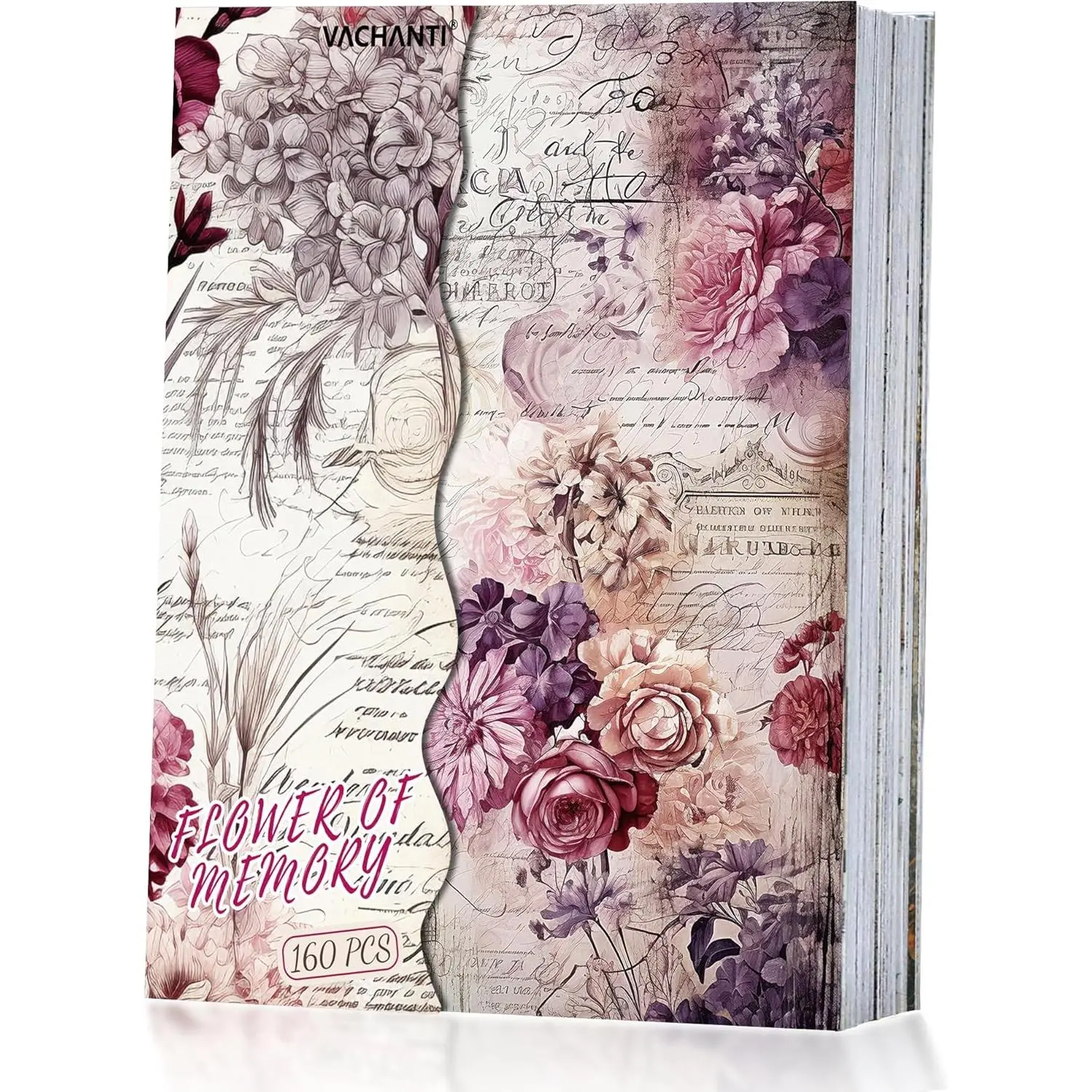 160 Sheets  Flower Scrapbook Paper, Junk Journal Supplies,    with Cursive Script No Repeating  for Junk Journal DIY Cards Craft Albums Scrapbooking Supplies ()