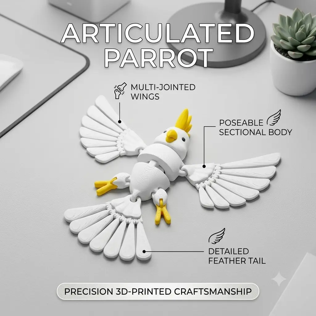 Artistic Parrot Sculpture with Jointed Joints, 3D Printed Bird Desktop Decoration, Flexible Wings Design, Creative Desk Ornament