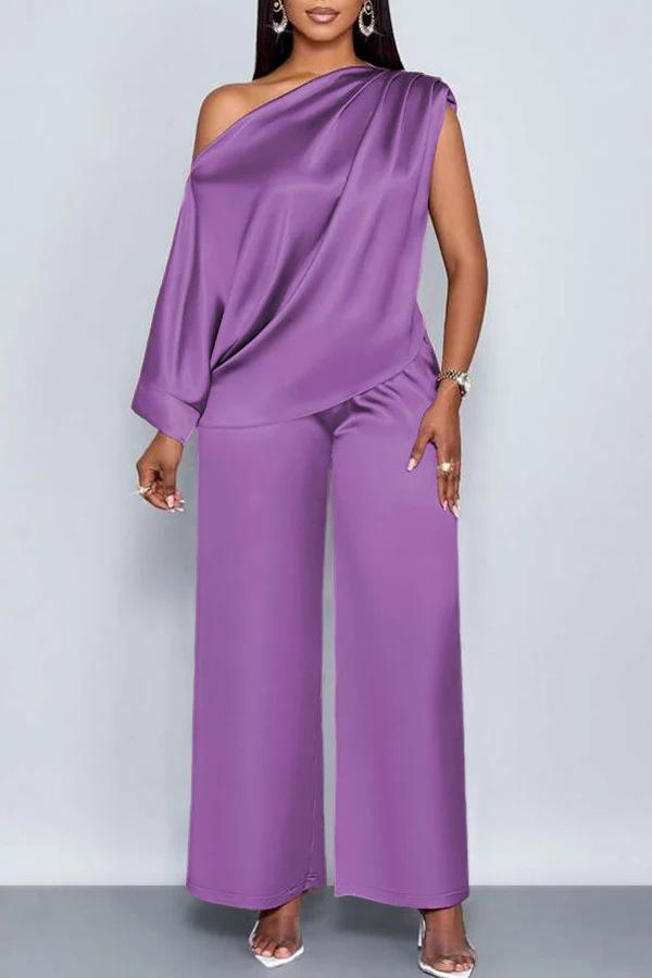 Summer Casual Women's Satin Suit with Asymmetrical Collar, Short-Sleeved Top and Long Pants Set