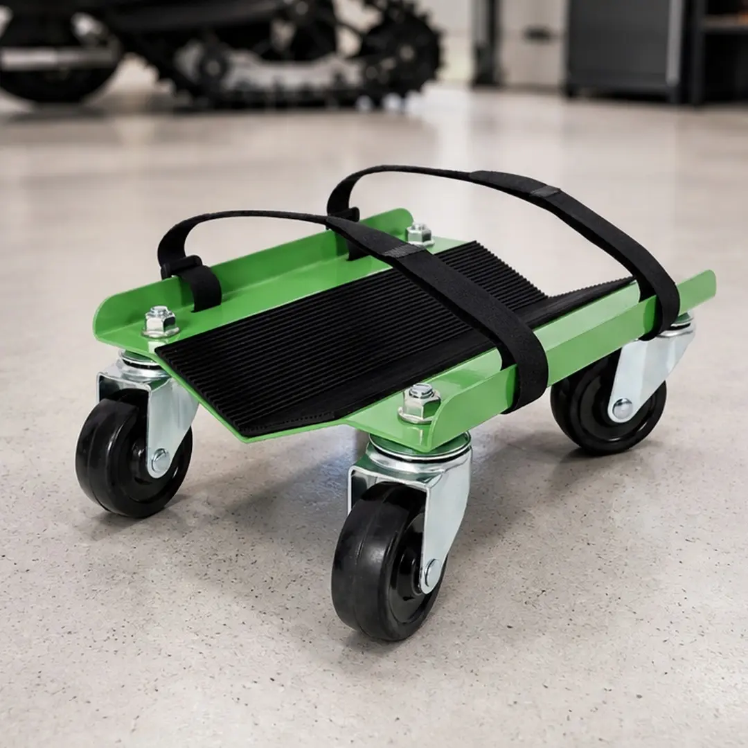ARCH Heavy Duty Snowmobile Dolly - 1500lbs Capacity, V-Slide Grip, 2.5" Swivel Casters, Rubber Ski Pads, Steel Frame, 2 Pairs Straps, Garage Move & Storage, Green Steel Construction, Strap Secure