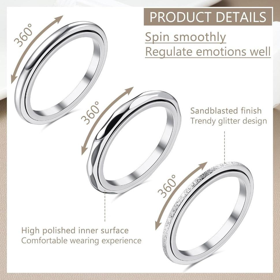 FINREZIO Unisex 3-Piece Anxiety Relief Spinner Ring Set - Stainless Steel Fidget Jewelry for Stress & Focus, Durable Anti-Stress Thumb Rings for Women/Men, Everyday Wear Silver Band Rings FINREZIO Unisex 3-Piece Anxiety Relief Spinner Ring Set - Stainless Steel Fidget Jewelry for Stress & Focus, Durable Anti-Stress Thumb Rings for Women/Men, Everyday Wear Silver Band Rings