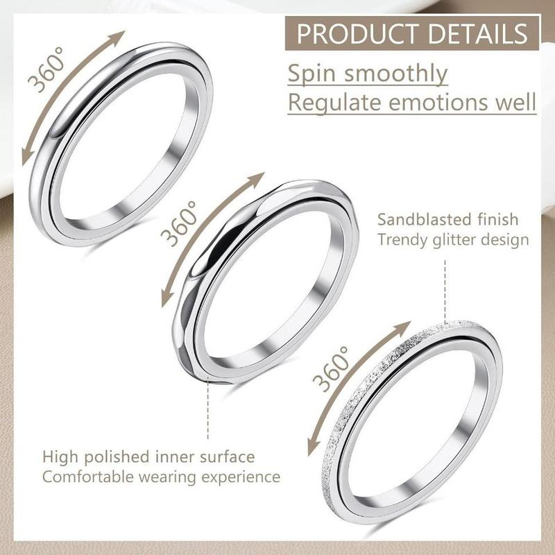 FINREZIO Unisex 3-Piece Anxiety Relief Spinner Ring Set - Stainless Steel Fidget Jewelry for Stress & Focus, Durable Anti-Stress Thumb Rings for Women/Men, Everyday Wear Silver Band Rings