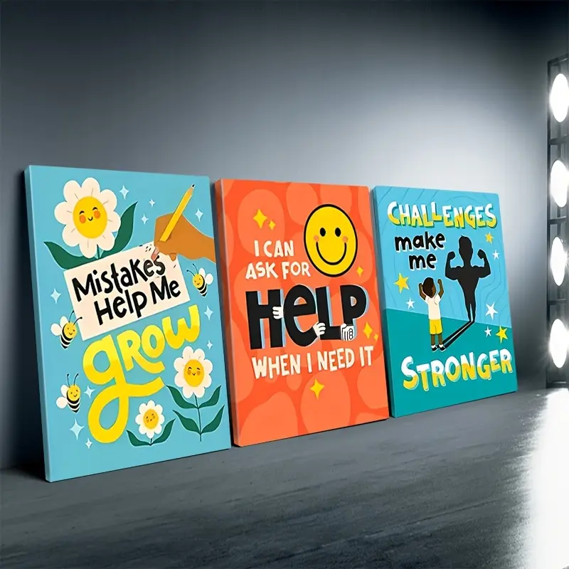 Framed, 3-piece set of growth mindset posters for classroom decoration, inspirational and motivational educational wall art, game room decoration, teacher desk decoration, Happy Eid