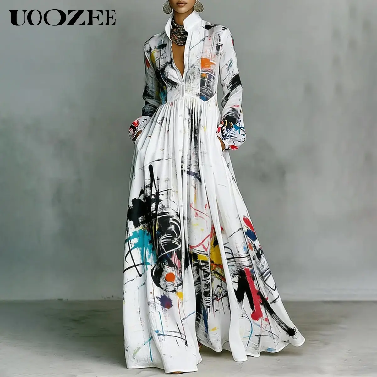 UOOZEE Women's Smart Casual Abstract Print Maxi Shirt Dress, Silky Polyester Long Sleeve Button Front Gown with Pockets for Party