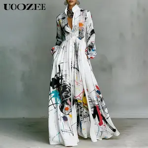UOOZEE Women's Smart Casual Abstract Print Maxi Shirt Dress, Silky Polyester Long Sleeve Button Front Gown with Pockets for Party