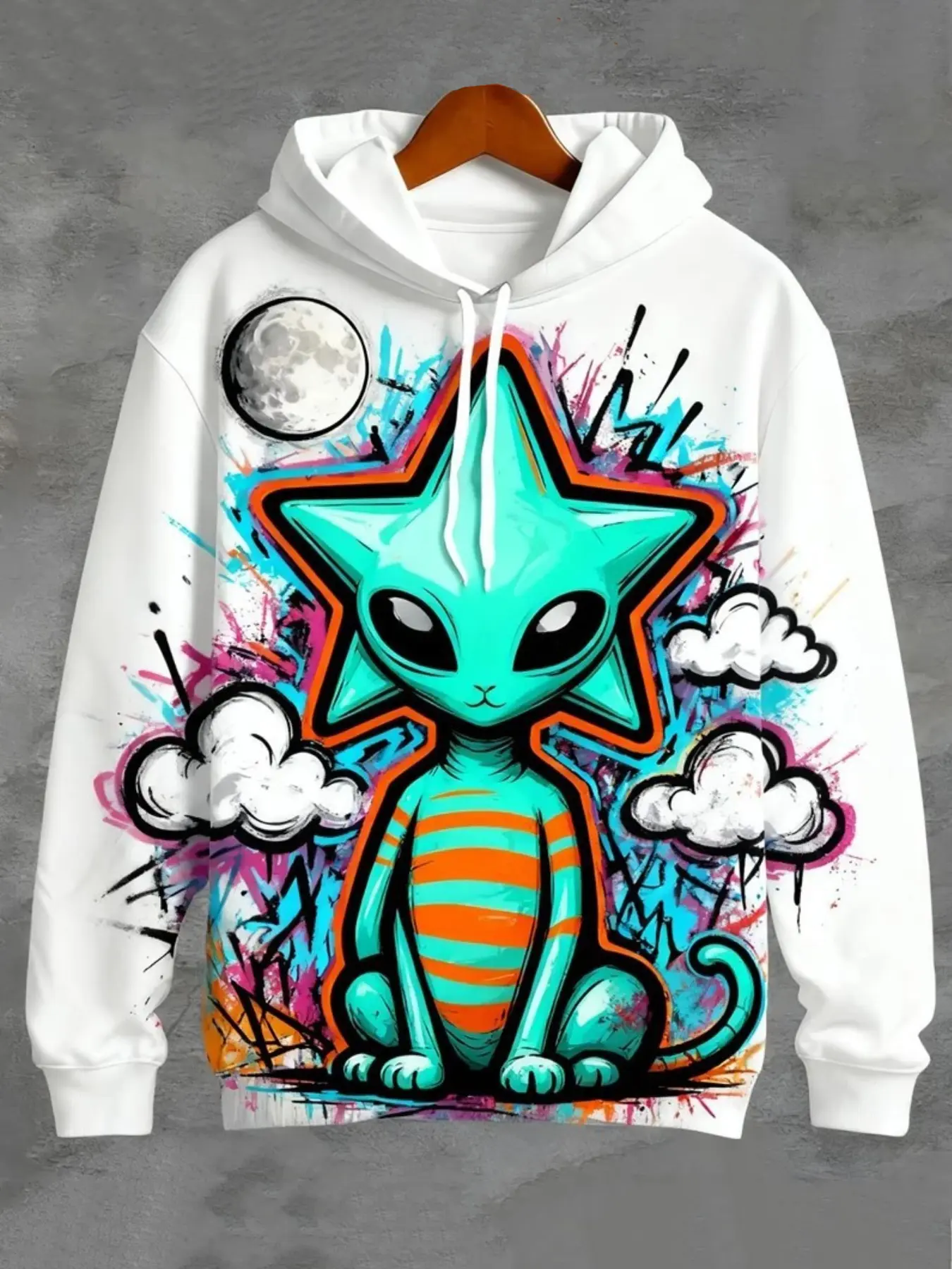 Trendy Graffiti Alien Cat & Moon Print Loose-Fit Casual White Hoodie