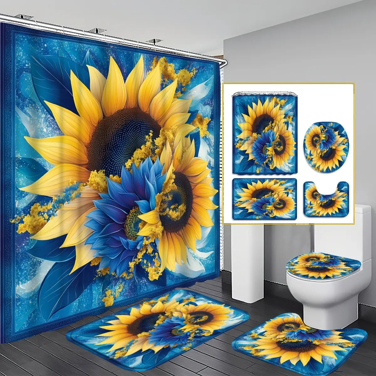 4-Piece sunflower shower curtain boho set, blue and yellow sunflower bouquet bathroom decoration, including bathroom floor mat, U-shaped floor mat, toilet cover cover, shower curtain with hook, home decoration, bathroom accessories