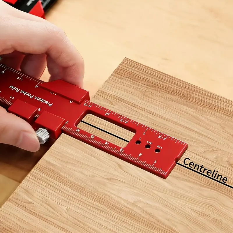 Aluminum alloy woodworking pocket ruler with slider, square T-shaped ruler, T-shaped track benchmark, inch and metric 45/90 degree angle straight edge marking tool, positioning ruler, carpenter's ruler, marking ruler for DIY woodworking