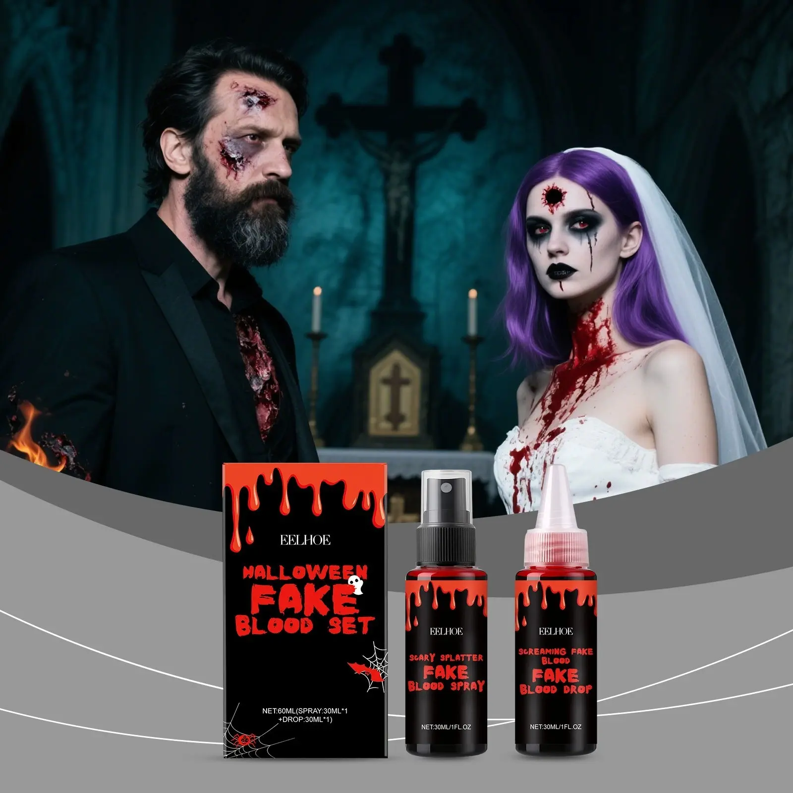 Halloween Fake Blood Set, Splatter Plasma + Drip Fake Blood Combo Box, Creative Gift Prank Props, 2-Piece Halloween Decoration Kit, Party Accessory