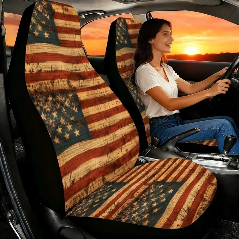 Two-piece vintage American flag car seat covers, suitable for the front seats, with a high backrest design, made of high-quality materials, suitable for sedans, SUVs and trucks. Women's car accessories, Christmas Eve horror.