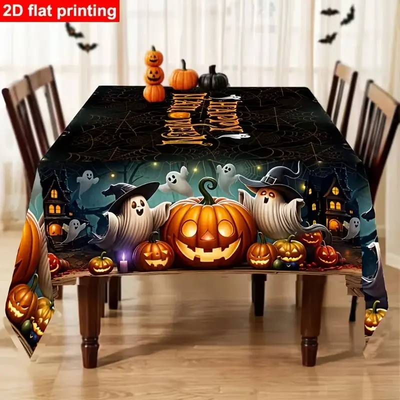 Halloween Dark Theme Tablecloth, Ghost Pumpkin Spider Web Witch Pattern, Rectangular Dining Cloth, Festival Decoration, No Power Needed