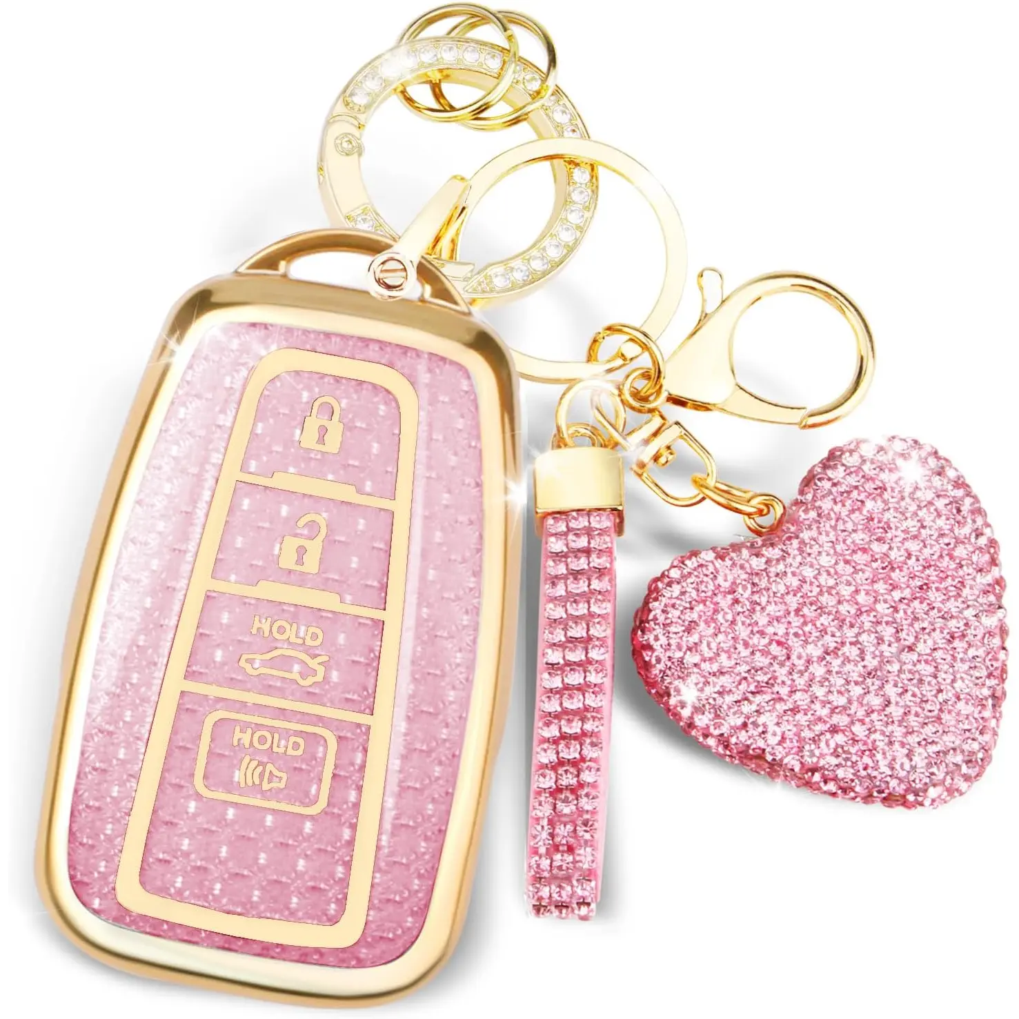 Key Fob Cover with Diamond Keychain Car Key Holder for Toyota 2018-2024 Highlander RAV4 Camry Avalon C-HR Corolla GT86 Smart Key Protector Pink-Heart Design Key Fob Shell