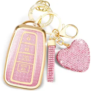 Key Fob Cover with Diamond Keychain Car Key Holder for Toyota 2018-2024 Highlander RAV4 Camry Avalon C-HR Corolla GT86 Smart Key Protector Pink-Heart Design Key Fob Shell