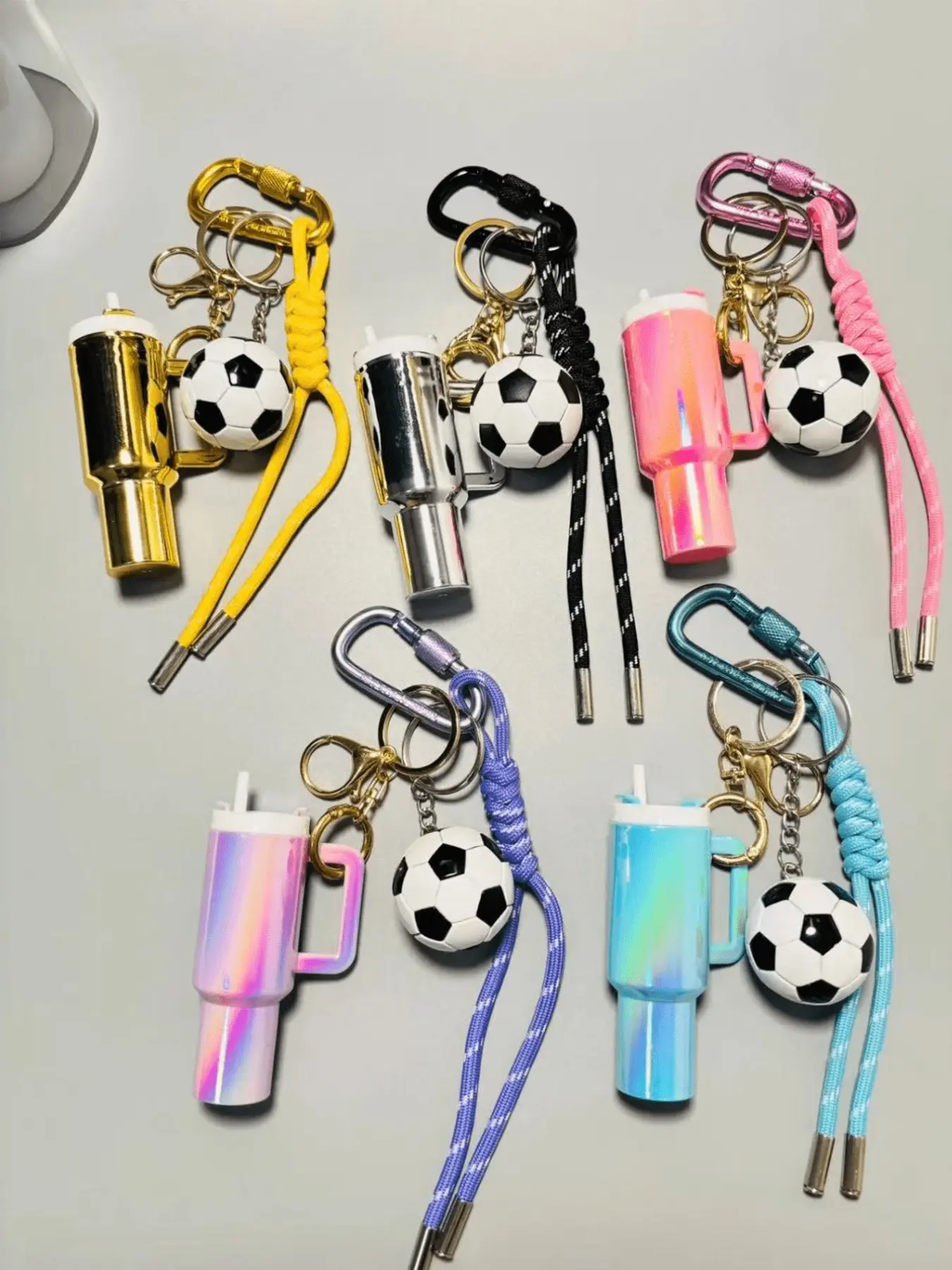 Mini Water Bottle Shape Keychain, Bag Decoration  Cute Soccer & Mini Iridescent Tumbler Keychain, Braided Lanyard Women's Backpack Accessories Car Key & Bag Accessory, Gift For Football Fans