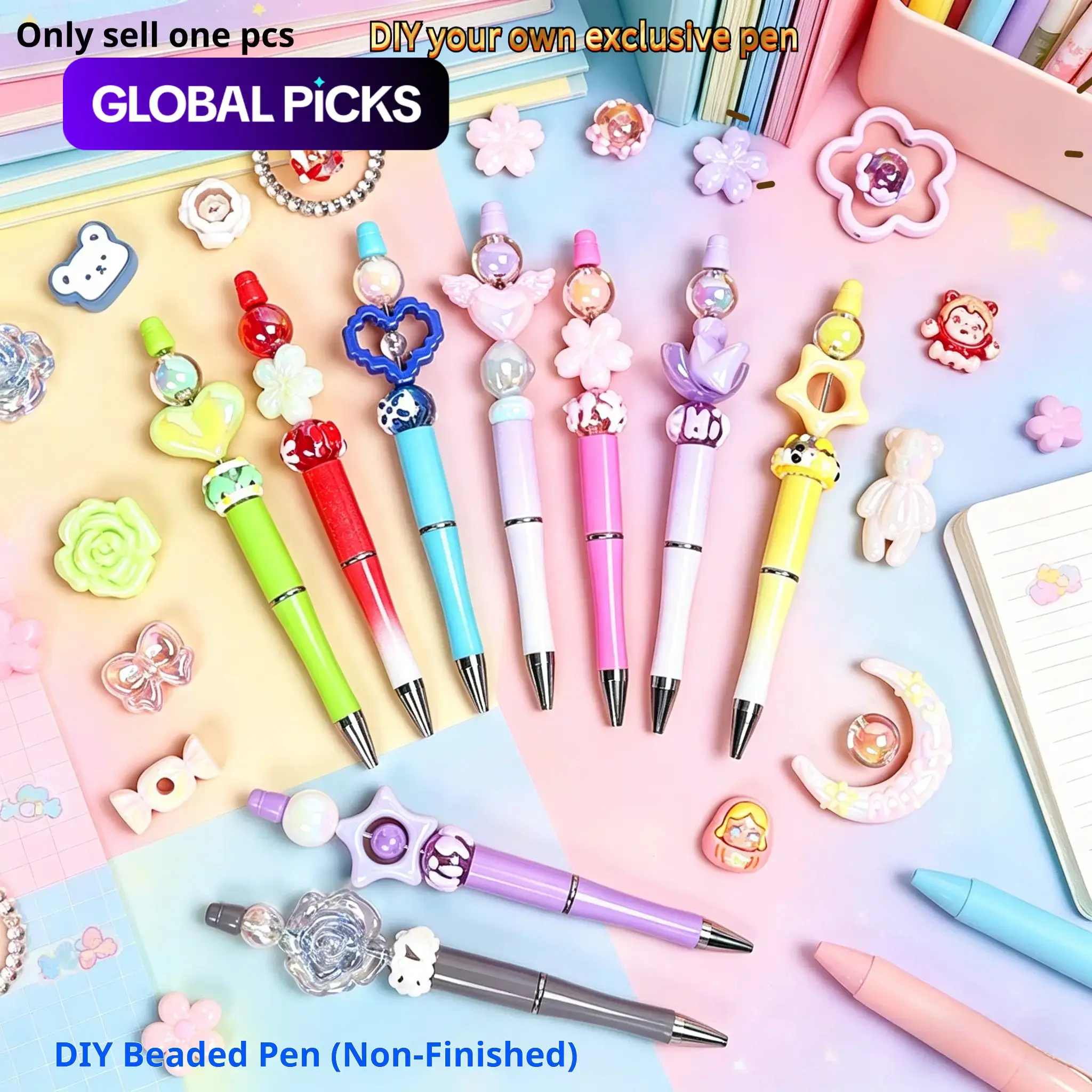 DIY Bead Pen Set, Beaded Pens, Customize Your Own Pen, Customizable Design, Multiple Colors Available, Includes 1 Pen and 10 Different Beads, Perfect Kids' Gift, Enhances Hand Skills #GLOBAL PICKS