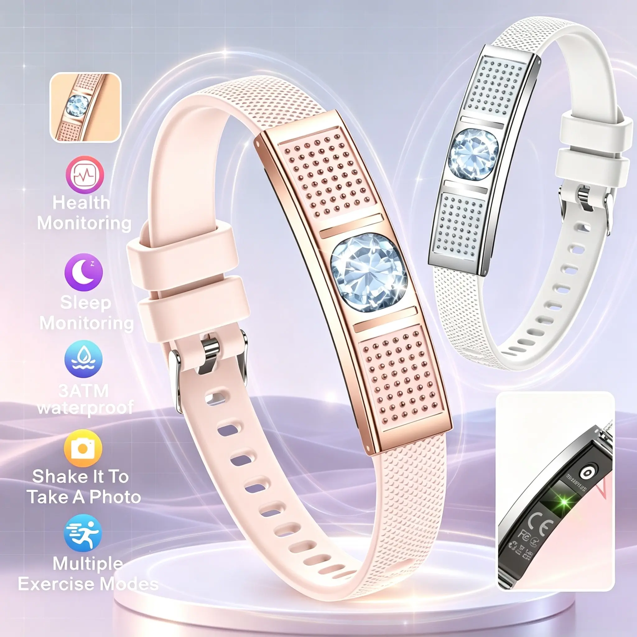 Diamond Smart Bracelet for Women Men Screen-Free Fitness Tracker with Heart Rate & Sleep Monitor Activity Tracker Steps Calories Distance Women’s Cycle Tracking 3ATM Waterproof Jewelry Health Smart Bracelet, Compatible with Android and iOS Phones