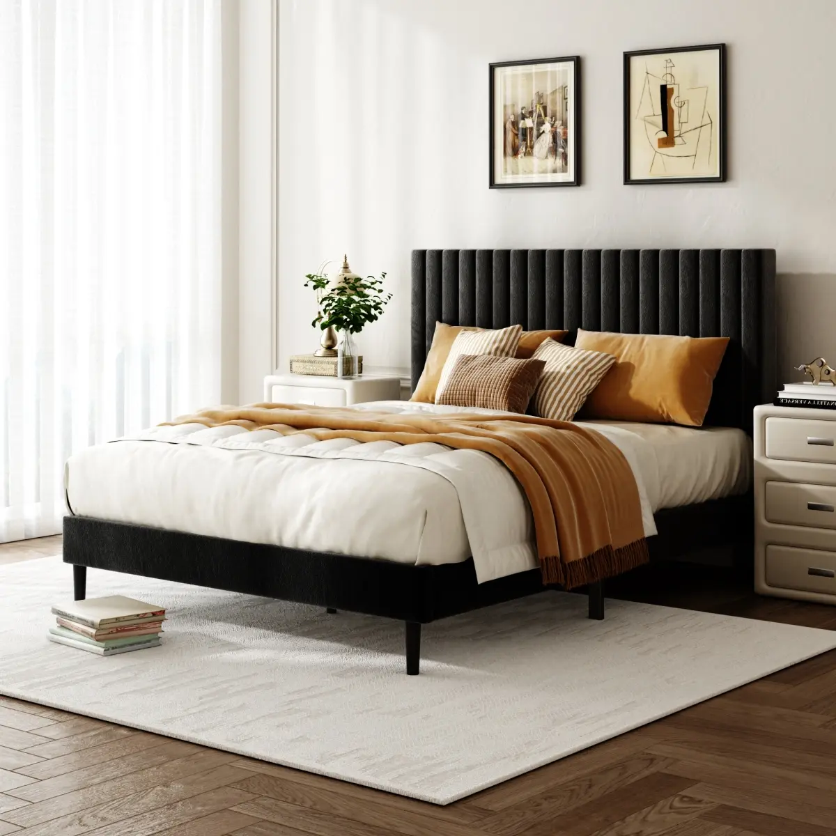 Velvet Fabric Queen Bed Frame, Contemporary Upholstered Platform Bed with Height-Adjustable Headboard, Sturdy Slat Support, Quiet Design, No-Spring Mattress Compatible, Easy to Assemble, Black