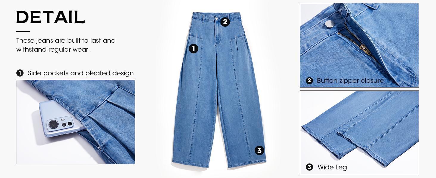 Imily Bela Womens Baggy High Waisted Jeans Loose Boyfriend Wide Leg Side Pleated Denim Pants