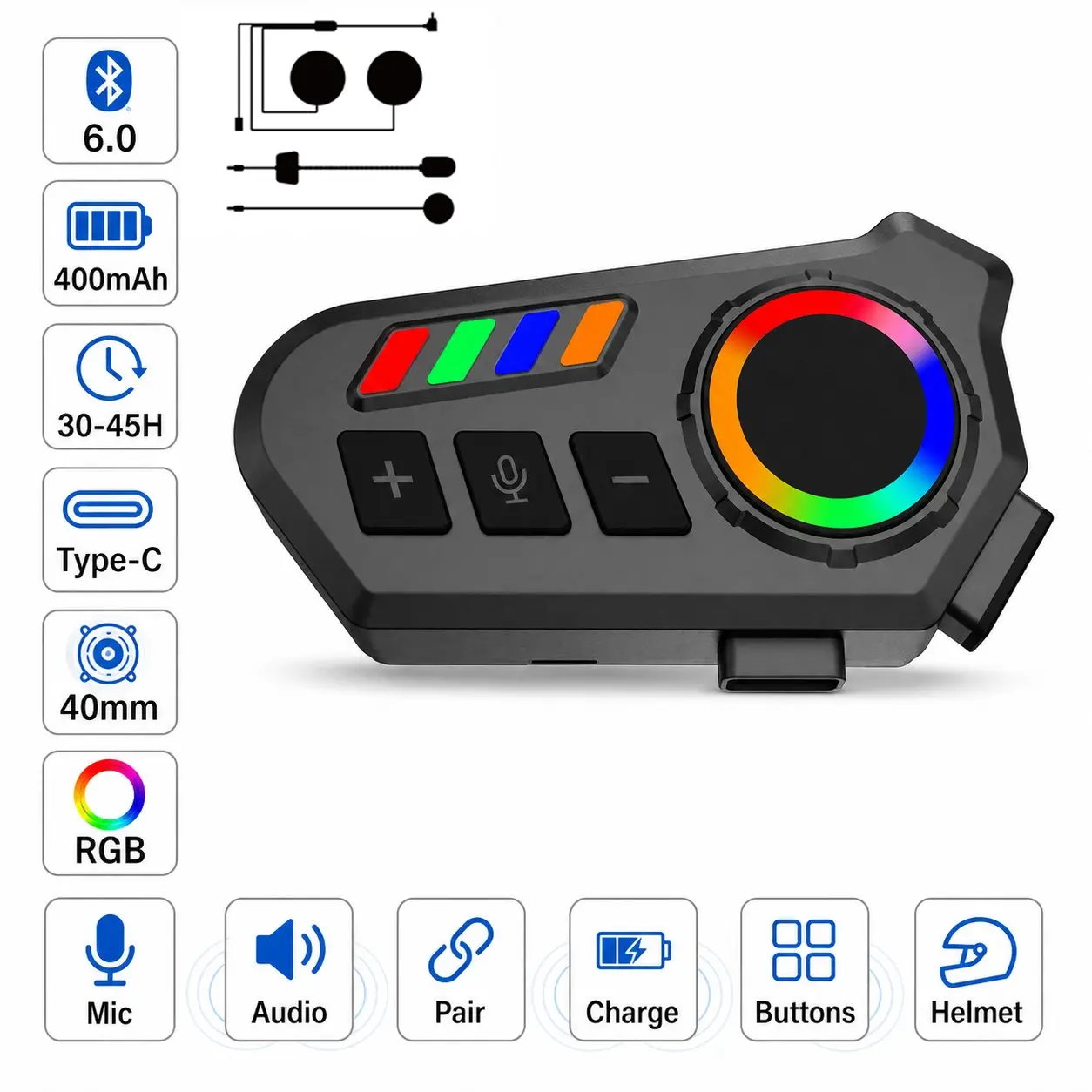 Helmet Bluetooth Headset Motorcycle Riding Headphones Windproof Noise Cancelling Mic Bluetooth 6.0 Built In Speaker Gloves Friendly Physical Buttons RGB Color Light IP65 Dustproof Splashproof For Outdoor Rider Present Moto Accessories