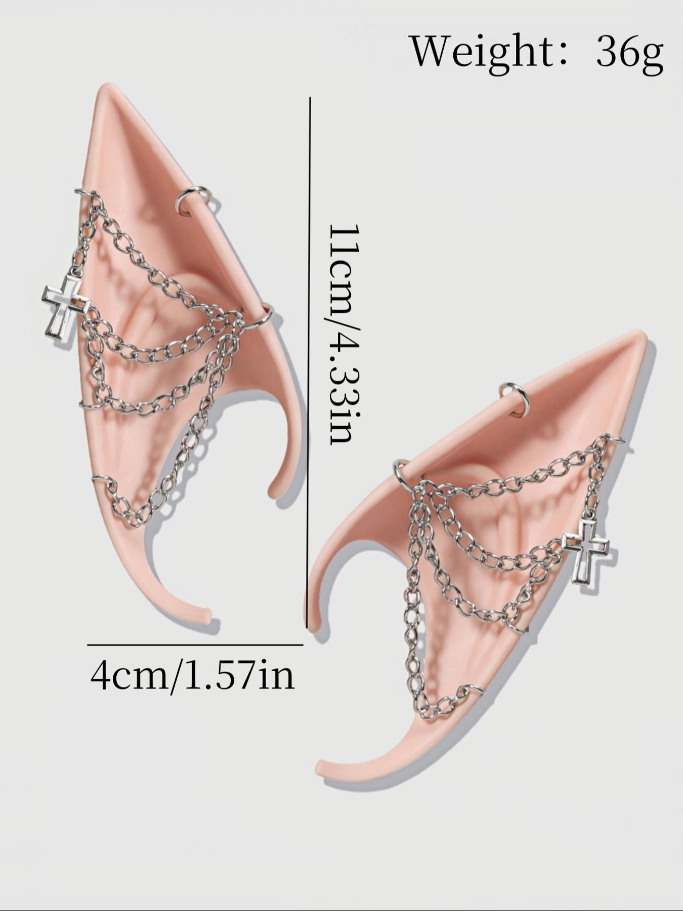 Punk Style Chain & Cross Decor Elf Ear, Fashionable Cosplay Accessories for Women & Girls, Trendy All-match & Exquisite Elf Ear for Cosplay, Party, Costume