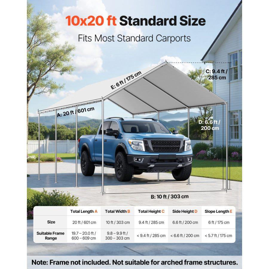 VEVOR Carport Replacement Canopy, 20x 20 ft Potable Garage Tent Top Tarp with Sidewalls, UV-Resistant Waterproof, Heavy Duty Car Shelter Tarp with Ball Buggees, Grey, Frame Not Included