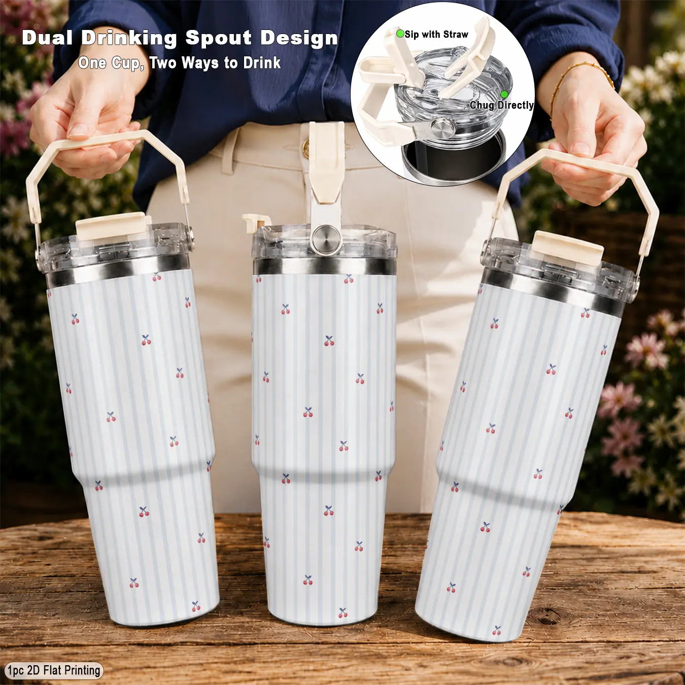 30oz 304 Stainless Steel Leakproof Travel Tumbler Insulated Water Bottles, with fresh cherry stripe pattern, dual use lid with portable handle keep cold and warm, for daily use gym outdoor activities, great as back to school practical gift
