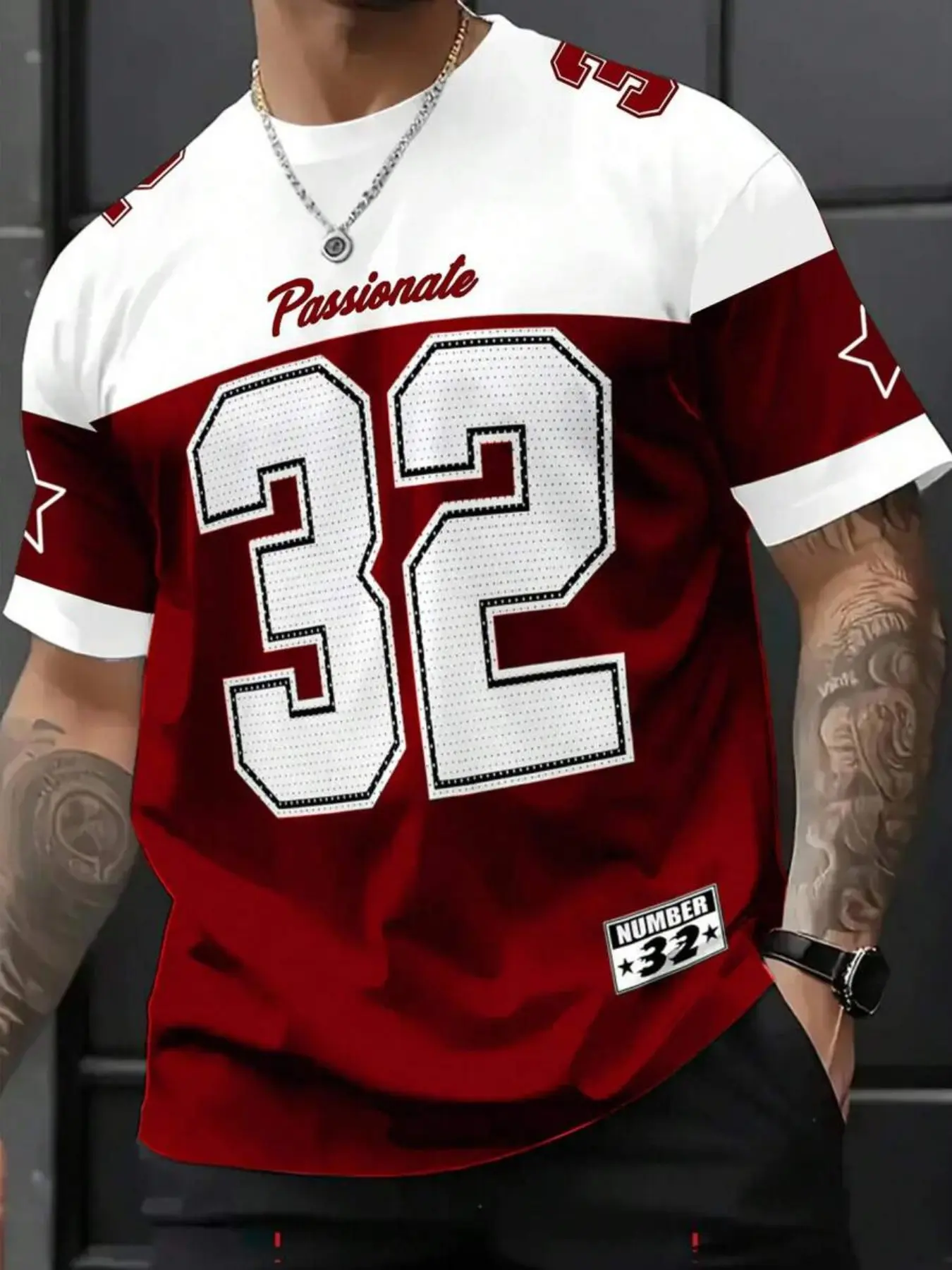 Men's Casual Round Neck Short Sleeve T-Shirt, Football Tee, Printed with Number Pentagon Star Pattern, Football Jersey No. 32, Comfortable and Stylish, Crewneck Jersey