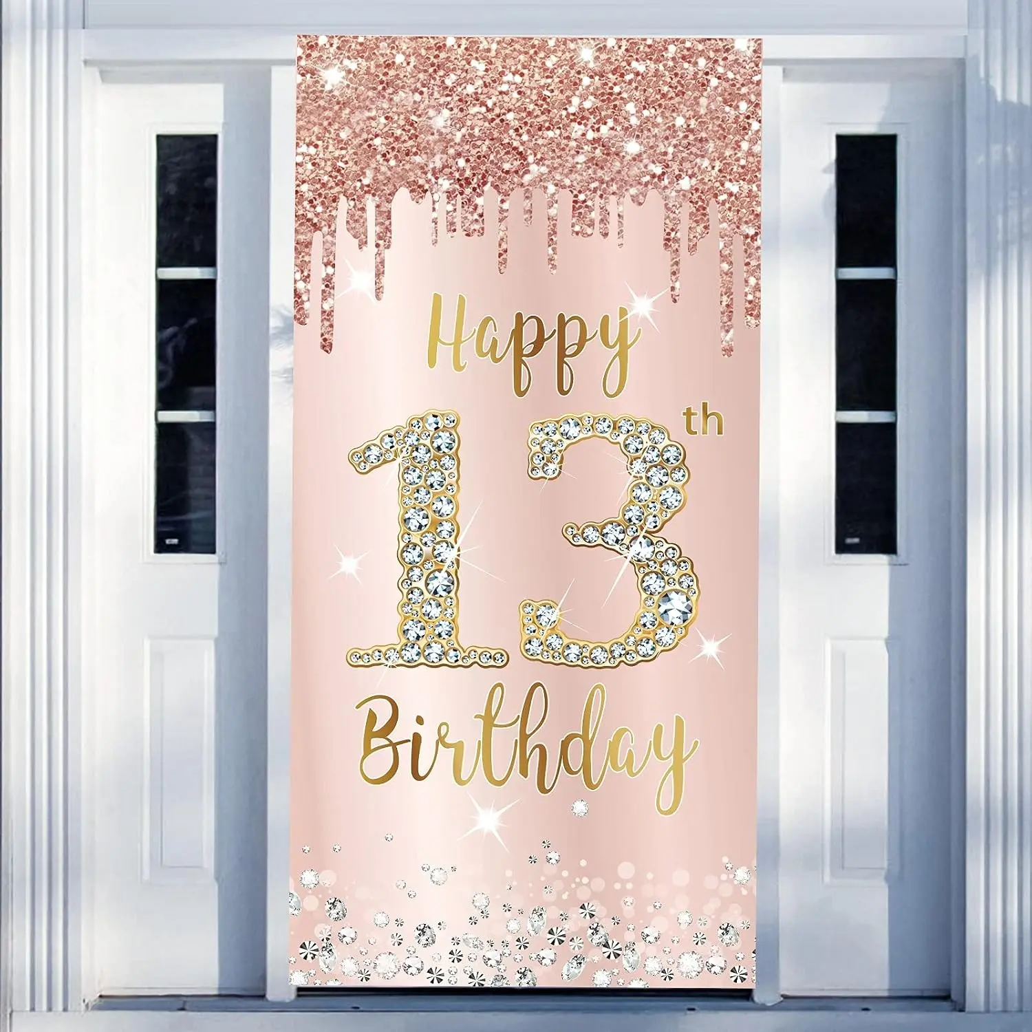 Happy 13th Birthday Decorations Door Banner Backdrop for Girls - Pink Rose Gold 13 Birthday Party Door Cover Sign, Thirteenth Year Old Birthday Poster Background Photo Booth Props Decor