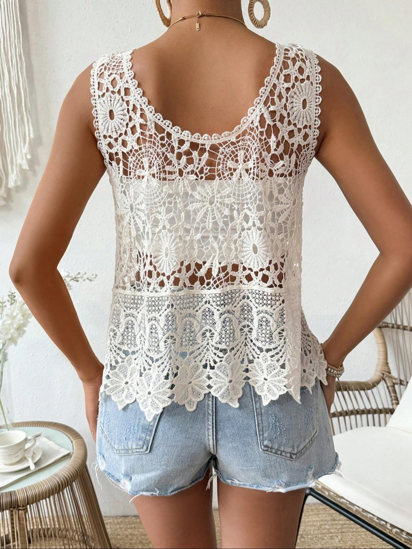 Women's Plain Hollow Out Cover Up Top, Casual Sleeveless Top for Beach Holiday Vacation, Ladies Clothes for Summer, Crochet Cover Up