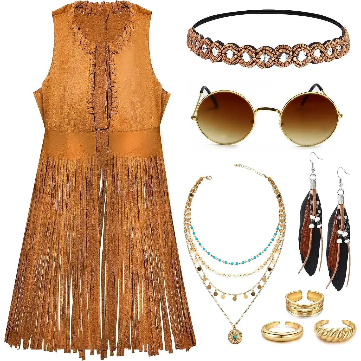 60s 70s Hippie Disco Costume for Women, Boho Fringe Vest Clothes, Halloween Party Accessories Set(Gift)