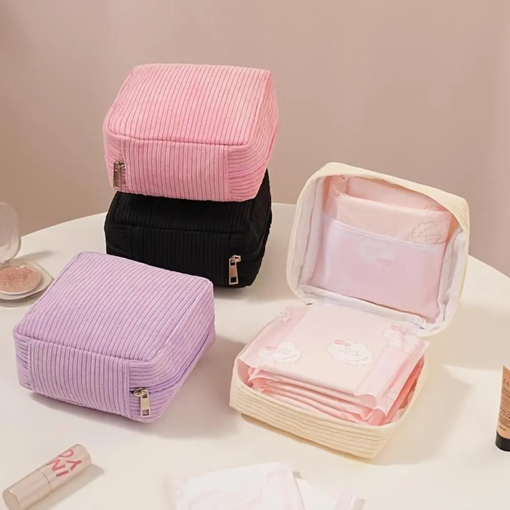 BeadBreath Women's 3pcs Corduroy Square Zipper Pouch Set - Pastels Plain, Washable, Easy to Maintain, Multi-Compartment Casual Reusable Organizer for Feminine Hygiene, Compact Travel Carry Bag