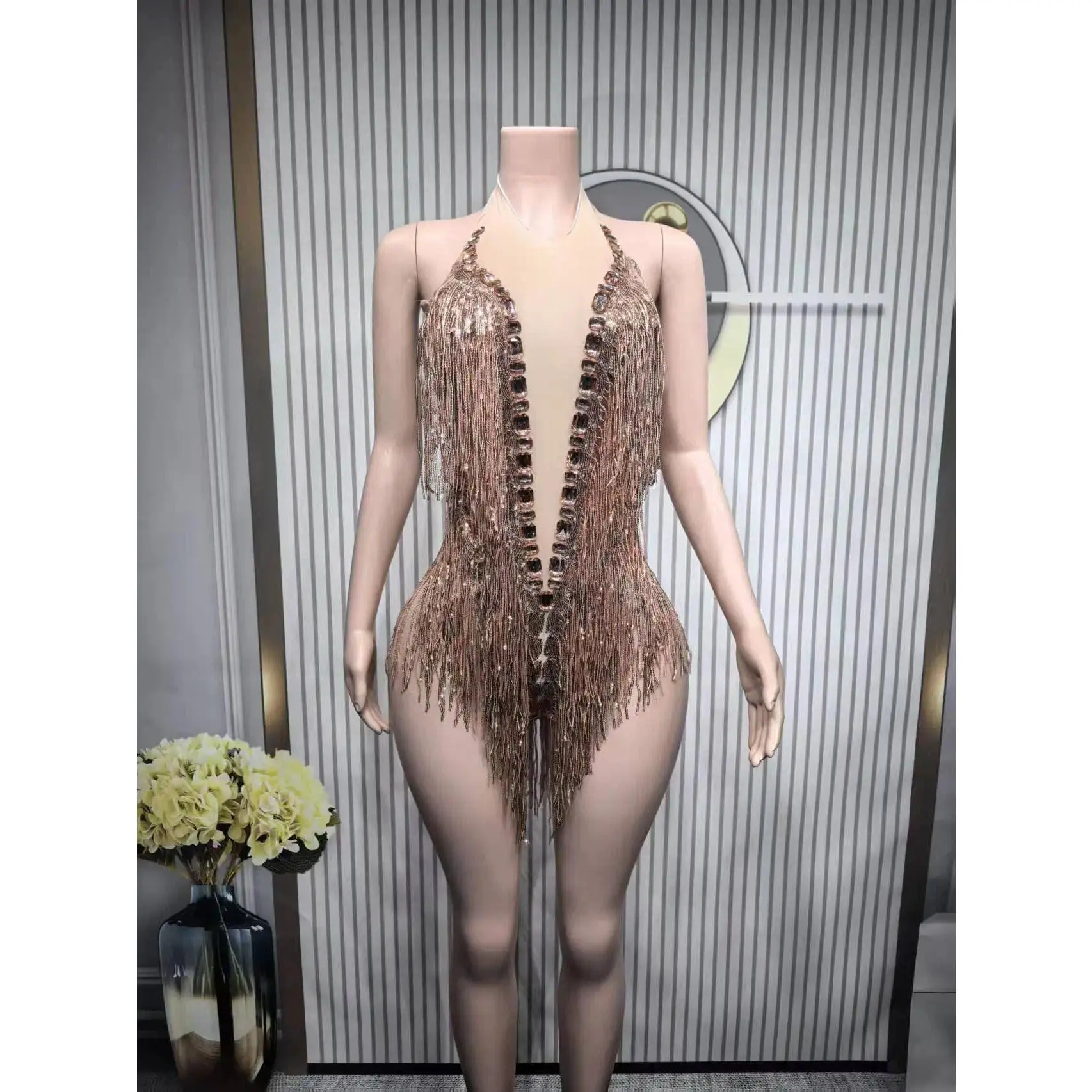 Sparkly Rhinestones Sequins Tassel LeotardWomen Nightclub Outfit Singer Dancer CostumeStage Wear Sexy Performance Bodysuit  G007