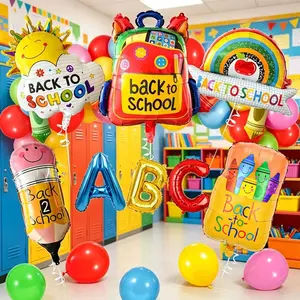 A set Back-To-School Theme Aluminum Foil Balloons Set, Includes Rainbow Ruler/pencil Box/rainbow Cloud, Classroom Decor, Kindergarten Event, First Grade Ceremony，school supplies，Back-to-school party and campus welcome decorations