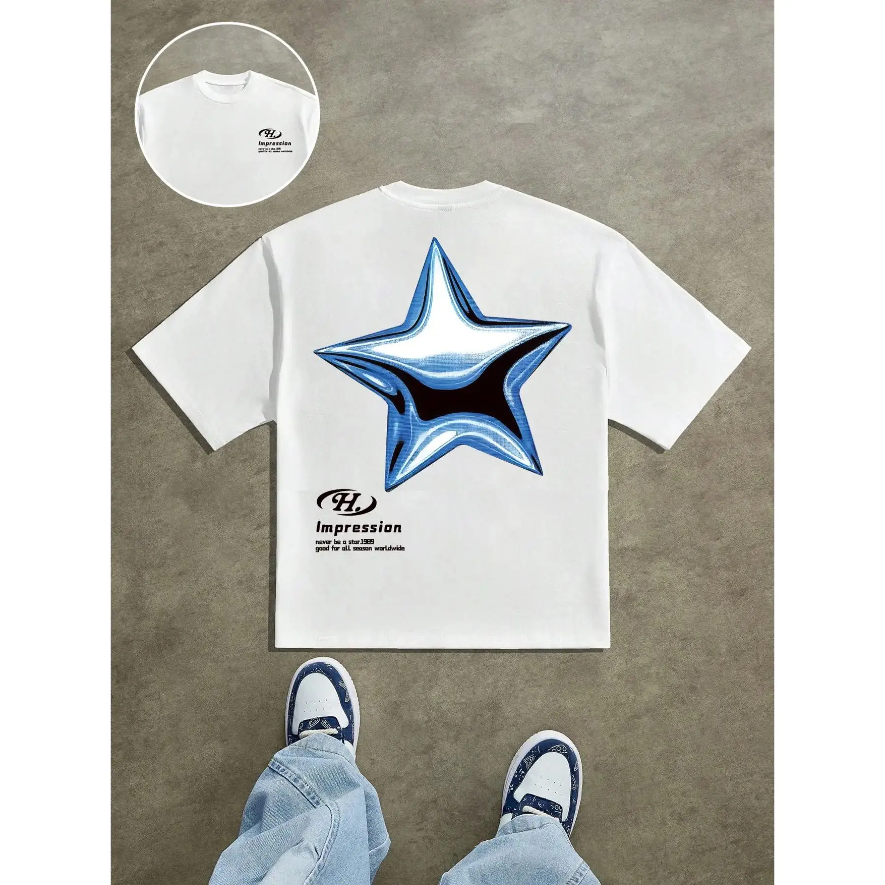 Men's T-Shirt: Relaxed, dropped-shoulder fit crafted from 100% Sorona polyester fabric. Features a star pattern. A versatile, everyday basic style suitable for outdoor activities, lounging at home, or daily commuting.