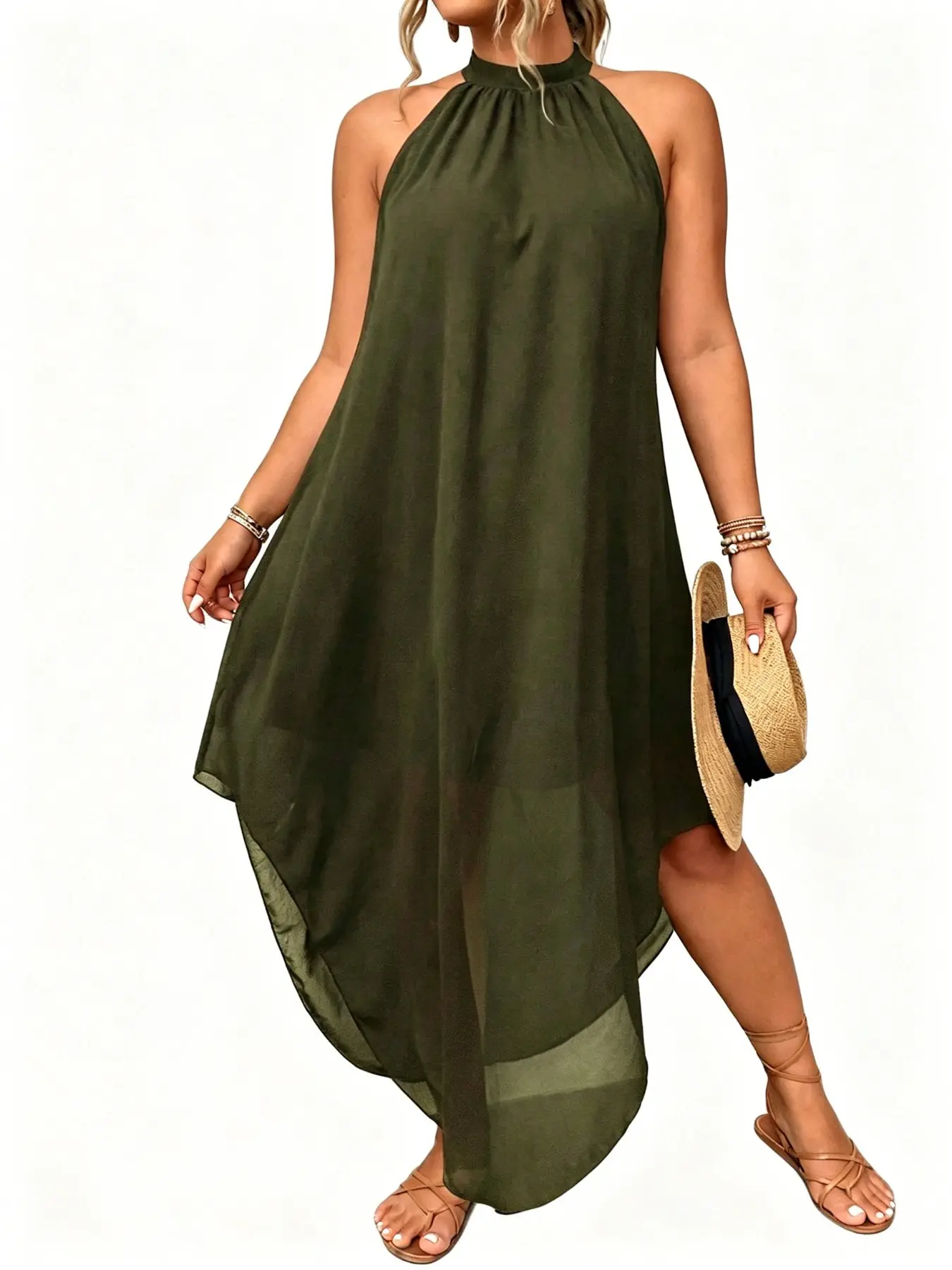 Plus Size Halter Neck Lightweight Chiffon Dress, Lazy Vacation Style, Sleeveless Stand Collar Semi-Transparent Flowy Asymmetrical Hem, Plus Size Long Dress for Beach Travel Office Party