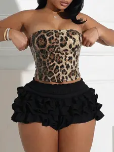 Party Style Leopard Print Sequin Strapless Crop Top, Cute Fitted Gingham Pattern T-Shirt, Short Sleeve Without Zipper, Plain Surface Unlined Design