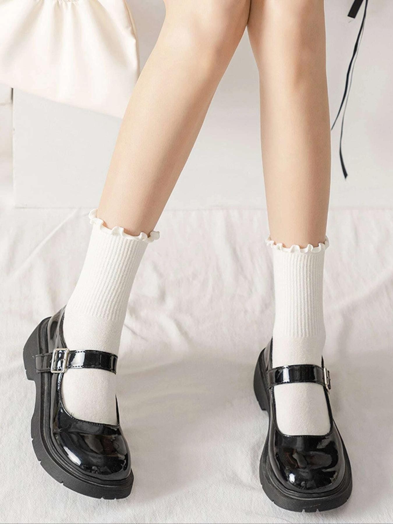 Women's Frill Trim Crew Socks, Casual Basic Low Cut Socks for Daily Wear, Women's Socks for All Seasons