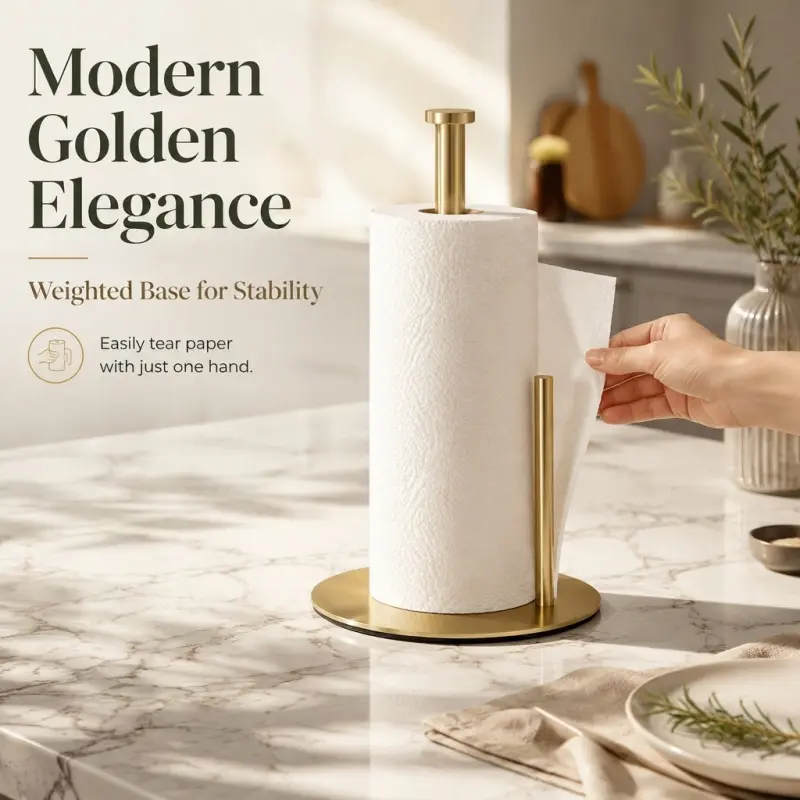 Gold Countertop Paper Towel Holder Stand with Weighted Base for Stability, One Hand Easily Tear Free Standing Kitchen Roll Paper Dispenser with Modern Elegance for Countertop