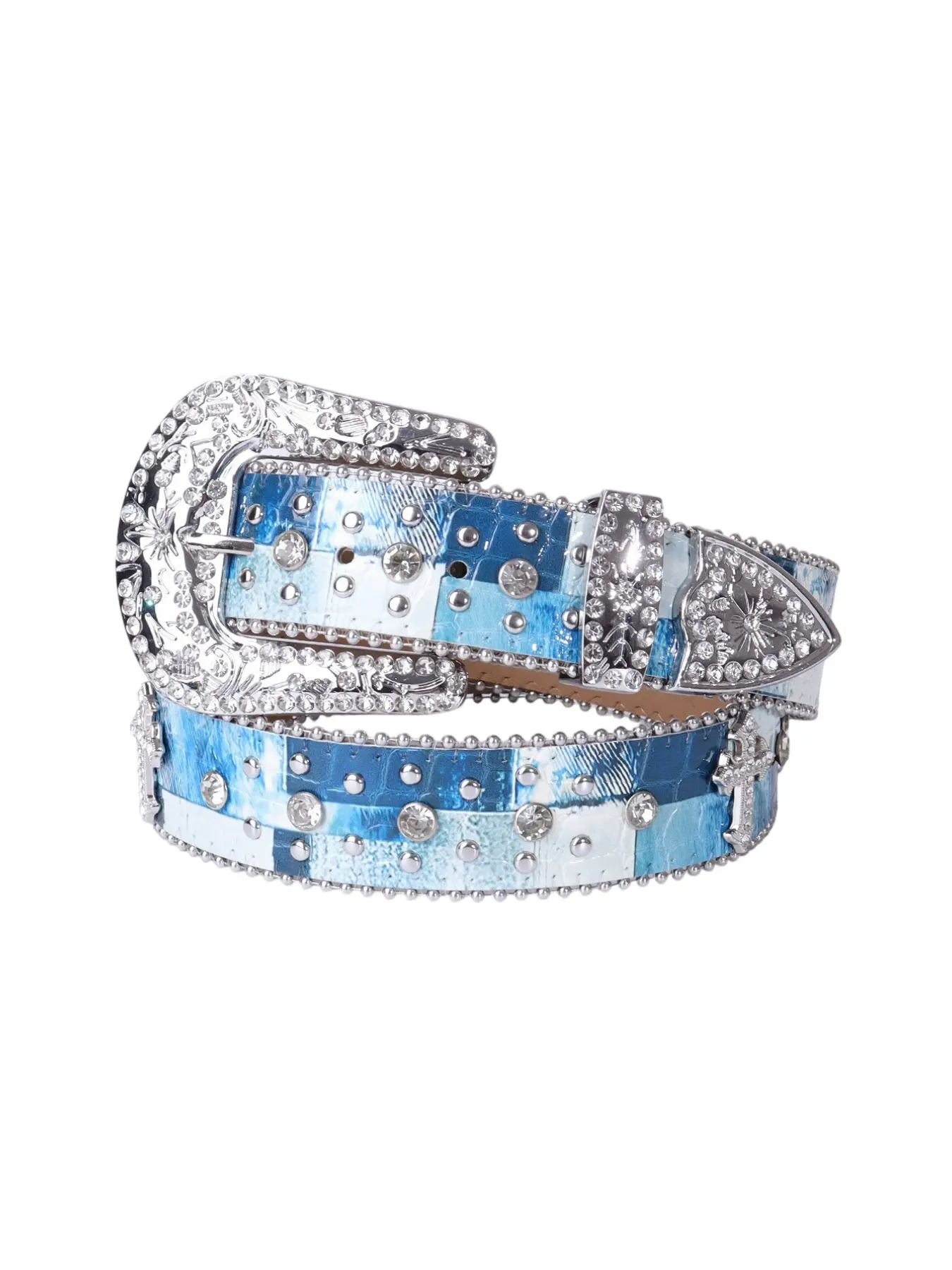 Unisex Glossy Multicolor Checkered Belt, Rhinestone Cross Ornament, Diamond Buckle, Retro Y2K Punk Waistband, Denim Match, Streetwear, Raves, Concerts, Rhinestone Studded Belt