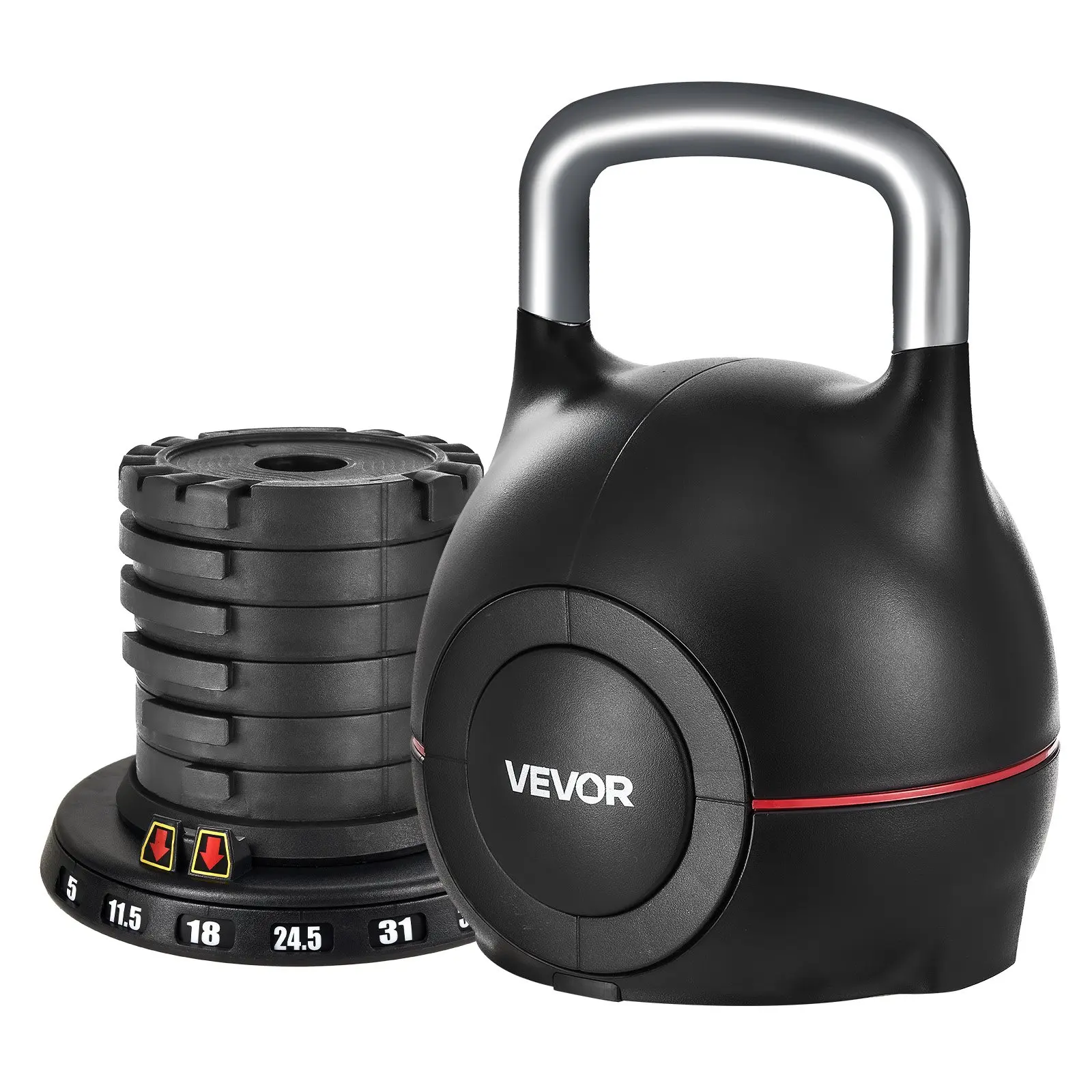 VEVOR Adjustable Kettlebell with 7 Weights (5,11.5,18,24.5,31,37.5,44 lbs) - Die-Cast Aluminum Alloy & ABS Material, Electroplated Handle, for Grip Strength Training, Full Body Workout Cross-Training